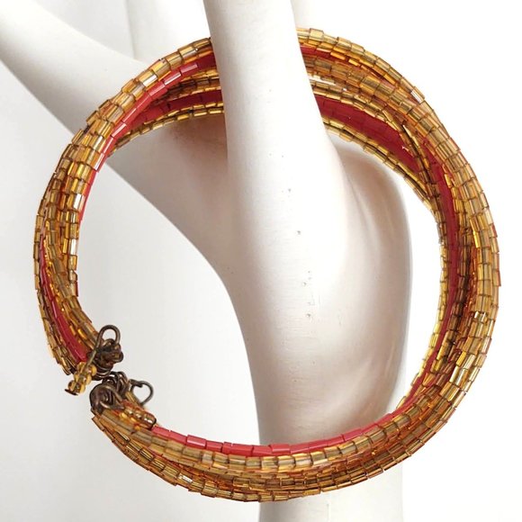 Gold and orange bugle bead memory wire cuff - Picture 3 of 10
